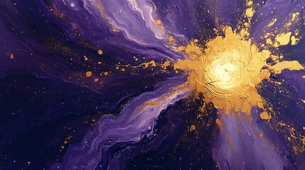 a high-contrast explosion of deep purples and bright gold acrylic paints
