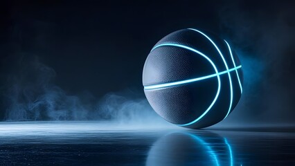 basketball with glowing blue edges, close-up shot, dark background