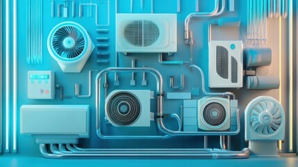Poster - HVAC system components, pipes, and fans displayed on a blue background.
