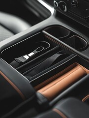 Wall Mural - a detailed view of a car's interior center console, showing controls and features