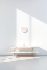 Wall Mural - Minimalist interior with bright natural light highlighting a simple shelf and wall art.