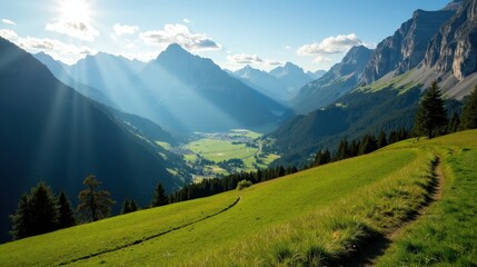 jura mountains in switzerland at midday under bright sun. vibrant greenery, clear blue skies, and su