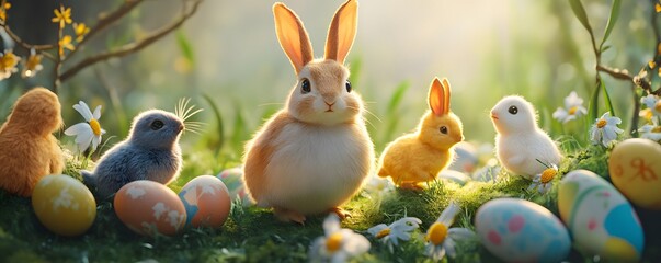 Wall Mural - Easter bunnies and chick celebrating with colorful eggs in a sunny meadow