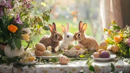 Wall Mural - Adorable rabbits celebrating easter with colorful eggs and spring flowers