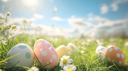 Wall Mural - colorful easter eggs hiding in green grass under blue sky