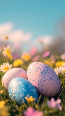Wall Mural - colorful easter eggs lying in green grass with wildflowers under blue sky