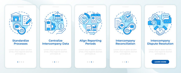Wall Mural - intercompany accounting blue onboarding mobile app screen. walkthrough 5 steps editable graphic inst