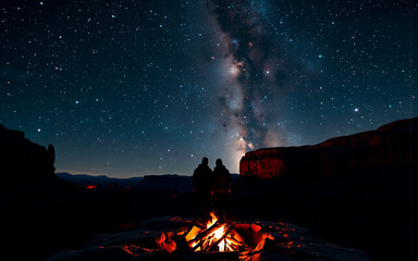 Wall Mural - two people are silhouetted beside a crackling campfire beneath a vast starry sky, featuring the milk
