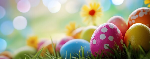 Wall Mural - colorful easter eggs hiding in green grass with flowers