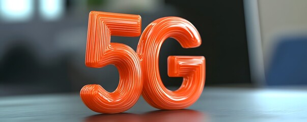 Poster - Orange 5g logo standing on a dark gray surface representing next generation wireless internet network