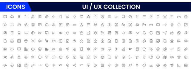 It is a big collection of minimalist and simple UX UI web icons. Vector illustrator. Suitable for Web Page, Mobile App, Web, and Print.