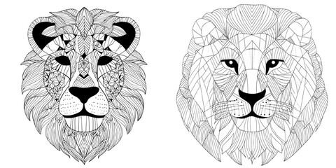 A modern lion head featuring a cute design with a black outline and ethnic floral pattern, all hand drawn