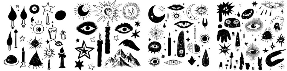 Poster - Modern illustration featuring esoteric cartoon elements, spiritual mystic astrology, black magic spell, and oracle eye doodle abstract sticker set