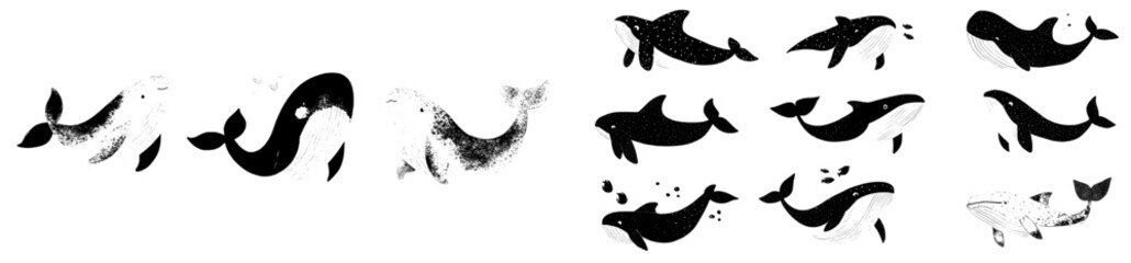 Poster - Watercolor whales are depicted in a modern illustration set showcasing aquatic wildlife in big blue ocean environments with diverse swimming poses