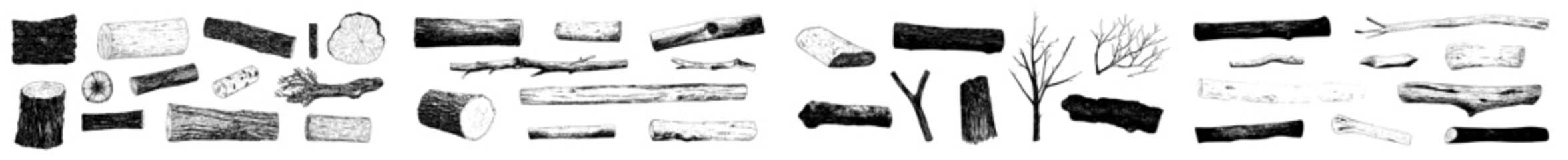 Poster - Create illustrations of wooden logs with engraved designs on black lumber, timber, brushwood, firewood, branches, and twigs in a modern style