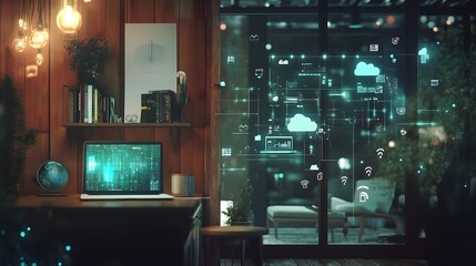 Aufkleber - Cloud computing futuristic interface displaying on a window in a cozy room