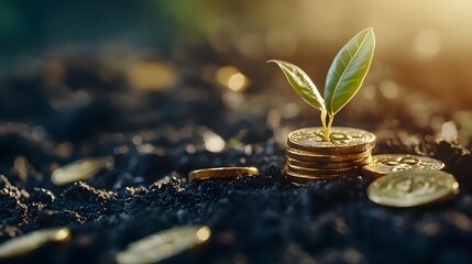 Poster - Small plant growing on stack of golden coins in fertile soil