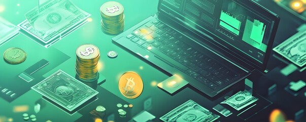 Leinwandbilder - Laptop showing cryptocurrency exchange rates with bitcoin and dollars floating around