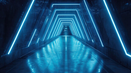 Poster - futuristic corridor illuminated by vibrant blue neon lights creates captivating atmosphere. geometric design of space enhances sense of depth and modernity, inviting exploration