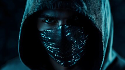 Poster - Hacker wearing hoodie and mask with glowing code protecting identity