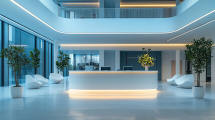 Poster - Modern corporate interior design featuring sleek reception area with luminous front desk, surrounded by stylish seating and greenery, creating welcoming atmosphere