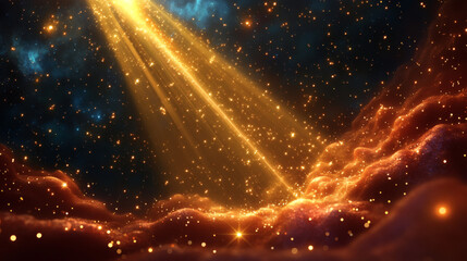 a bright yellow sun is shining through the clouds, illuminating a dark sky