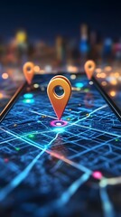 Leinwandbilder - Smartphone showing glowing map with location pins in futuristic city at night