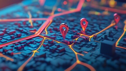 Leinwandbilder - Location pins showing points of interest on futuristic glowing city map