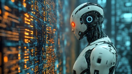 Poster - Humanoid robot analyzing data stream in futuristic server room