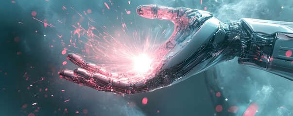 Aufkleber - Robotic hand holding bright energy in futuristic atmosphere