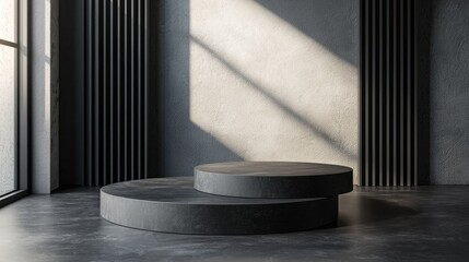 Fototapete - A spacious interior reflects modern design with layered, circular platforms in cool tones. Natural light streams through large windows, creating striking shadows across the textured walls