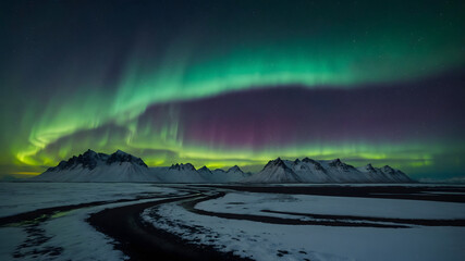 Wall Mural - Amazing view of green aurora borealis shining in night sky over snowy