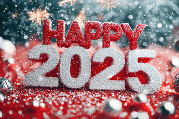 Wall Mural - happy 2025 greeting with large snow-covered numbers on a festive red background, sparkles, snowflake