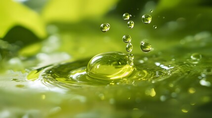 Leinwandbilder - Water droplets creating concentric ripples on green liquid surface