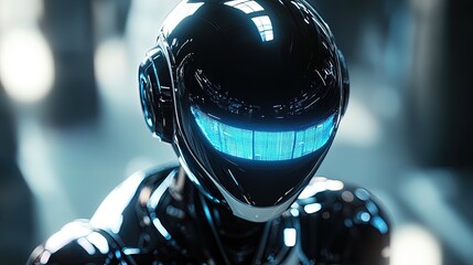 Corporate-friendly AI robot with holographic data display, sleek metallic finish, photorealistic 