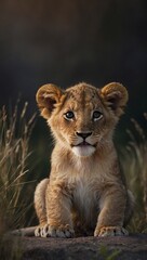 Wall Mural - Cartoon lion cub sitting and smiling against a simple background