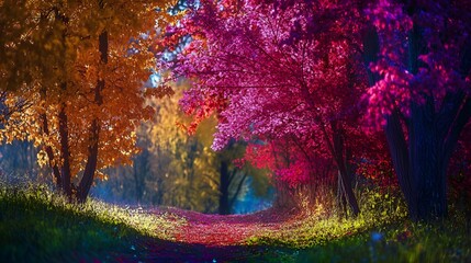 Poster - Vibrant autumn colors illuminating forest path at sunset