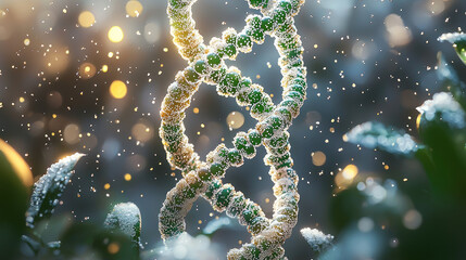 Fototapete - stunning close up of DNA double helix structure surrounded by sparkling particles, symbolizing life and nature beauty. vibrant colors and soft bokeh create magical atmosphere