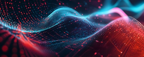 Fototapete - Abstract particles form wavy surface with red and blue lights