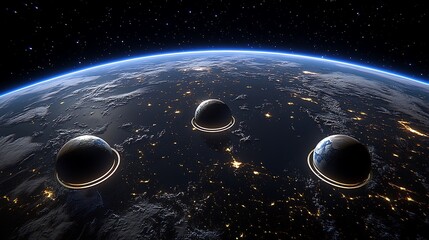 Three floating spheres orbiting earth in outer space