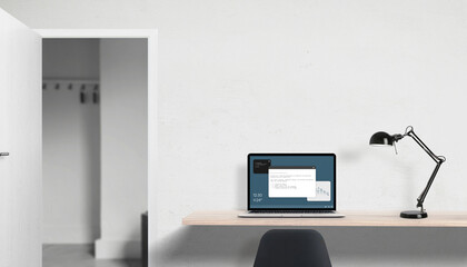 Poster - Minimalist workspace with a laptop and desk lamp, programming screen displayed, office entrance to another room on the left, ideal for IT and software development concepts