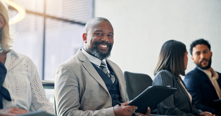 Poster - Business, man and smile in seminar, audience and colleagues in workshop for training or meeting. Conference, information and coworkers with notes for presentation, crowd and people in boardroom