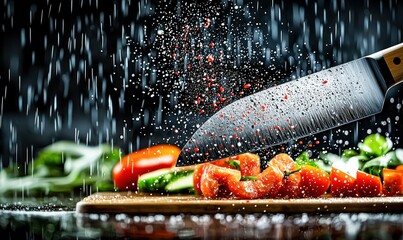 Wall Mural - a sharp chef's knife slices through fresh tomatoes and cucumbers on a wooden cutting board.