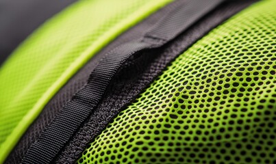 Extreme close-up of neon green mesh fabric paired with a black nylon strap, creating a dynamic contrast.