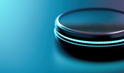 Close-up of a futuristic, round, metallic object with glowing led lights on a blue surface.