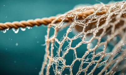 Close-up of a fishing net with water droplets clinging to its fibers creates a beautiful macro scene.