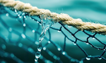 A thick rope and fishing net glisten with melting ice droplets on a blurred teal backdrop.