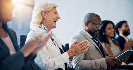 Poster - Business, applause and group in seminar, celebration and colleagues in workshop for training and meeting. Conference, clapping and happy for achievement in company, crowd and people in boardroom