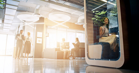 Poster - Lobby, meeting and business people in office in morning with cubicle for collaboration, teamwork and discussion. Professional, corporate and men and women walking in workspace pods for productivity