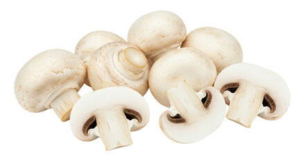 white button mushrooms png, whole and sliced, isolated on transparent background